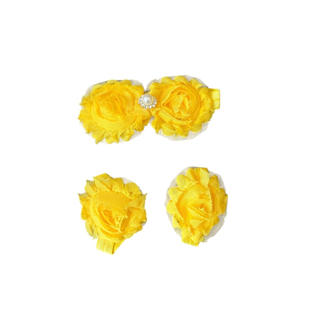 Infant Baby Girl Yellow Flower Headband Barefoot Sandals 3 Piece Set